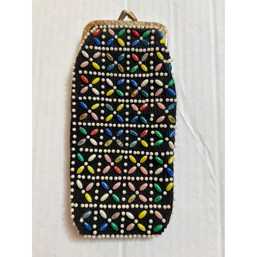 Vintage Multi Color Beaded Kiss Lock Coin Purse Black Corduroy Eyeglass Case